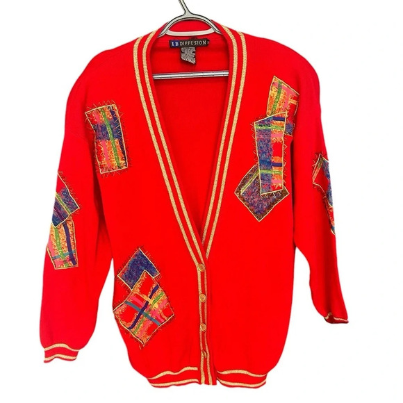 I.B Diffusion vintage cardigan M patchwork is crazy! Oversized and shoulder pads - Picture 2 of 13